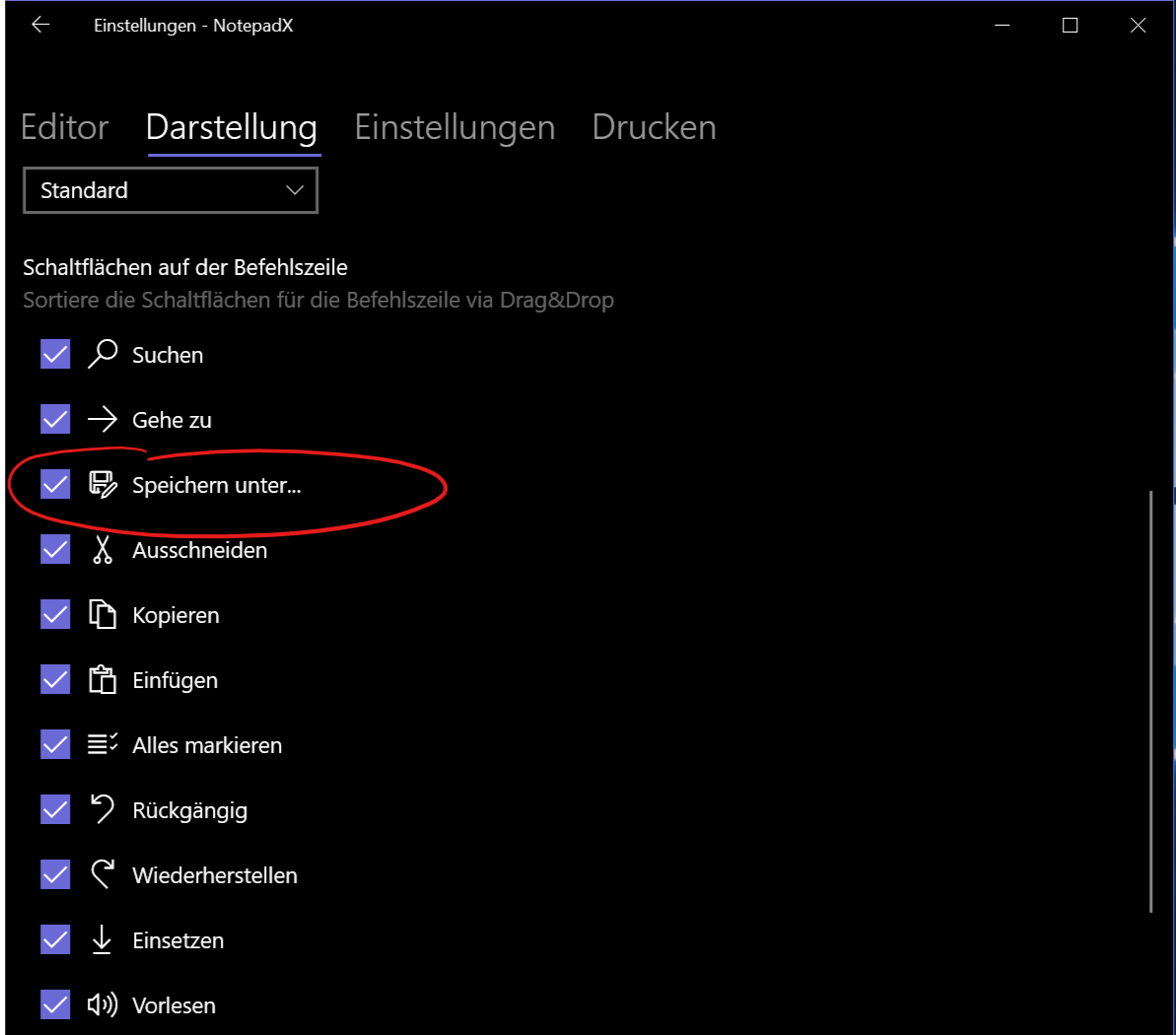 Speichern unter in CommandBar